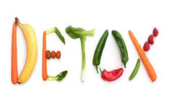 A colorful sample of foods that spell out the word "Detox"